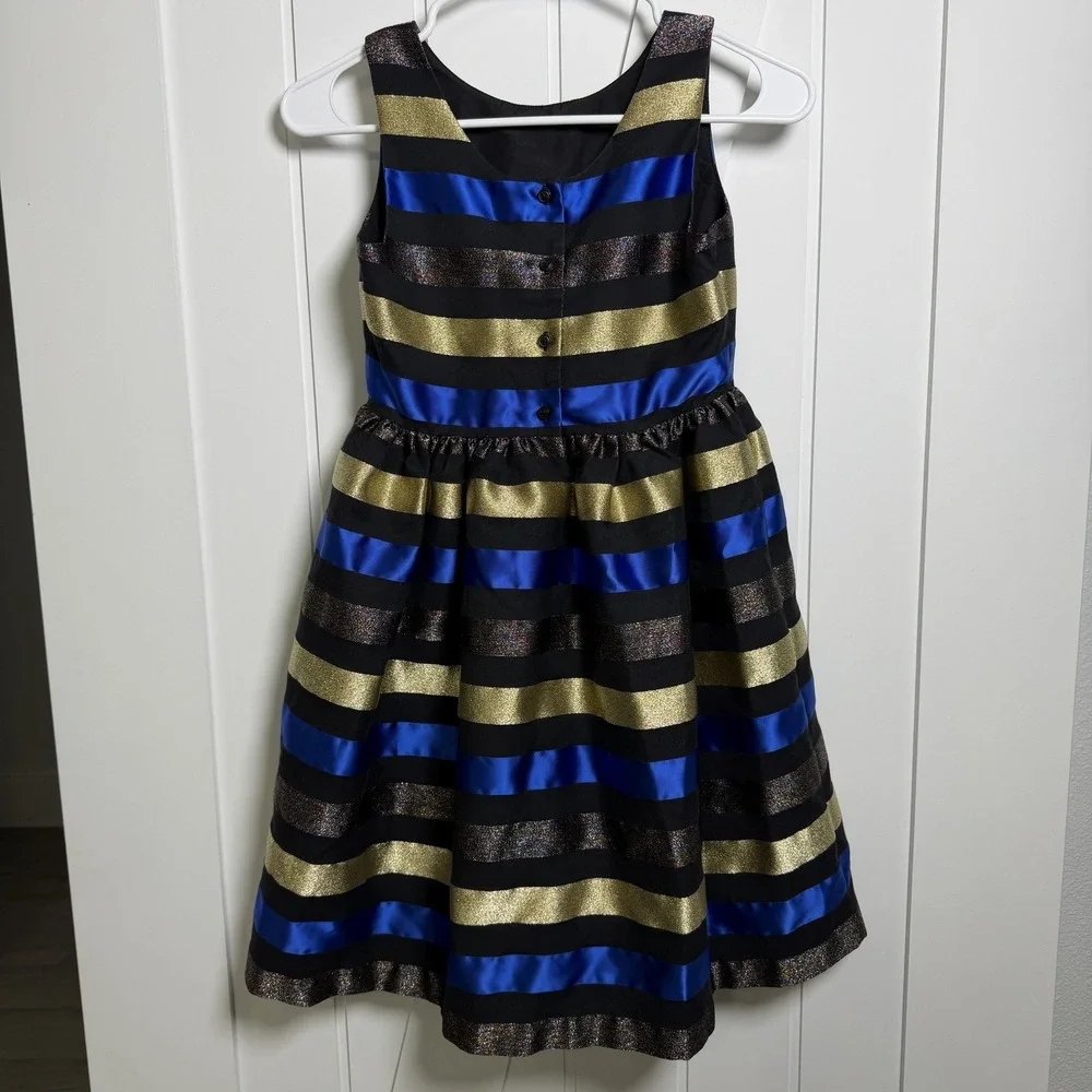 Gymboree Girls holiday party dress Size 10 Striped Blue Gold Black Preppy